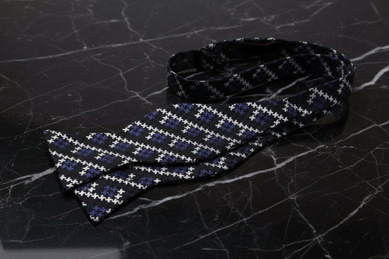 Blue Black Hounds Tooth Bow Tie