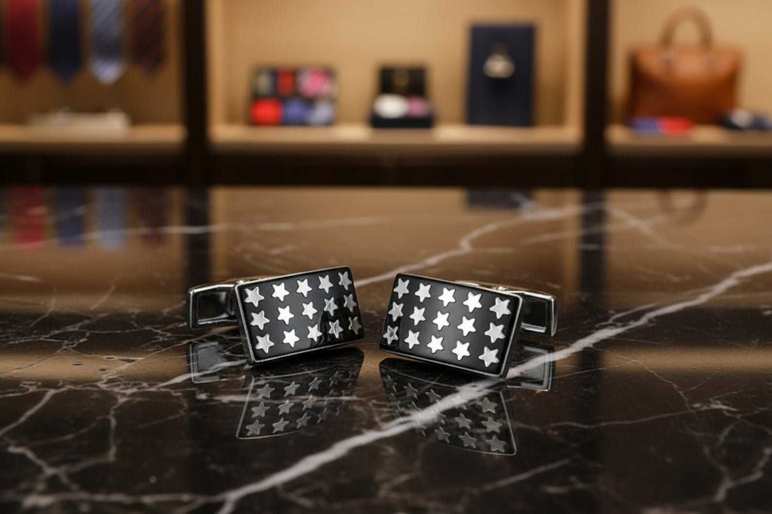 A Black, Chrome Color Rectangle Shape with Stars Pattern Cuff-links