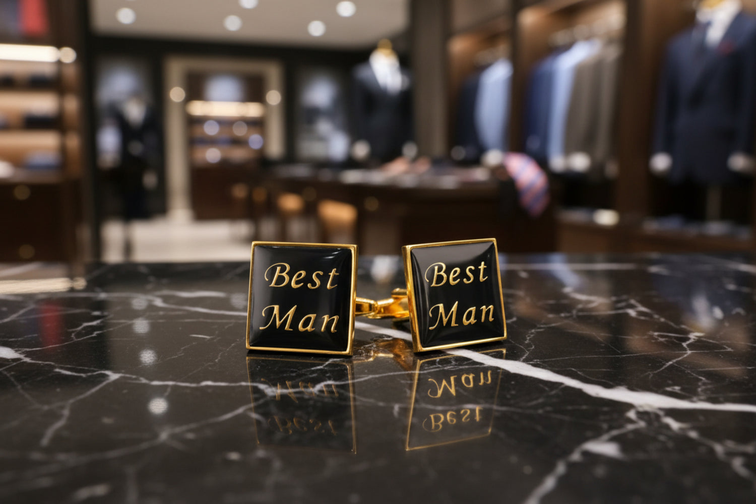 A Gold, Black Colored Square Shape Cuff-links that say, "Best Man"||Gold, Black Best Man