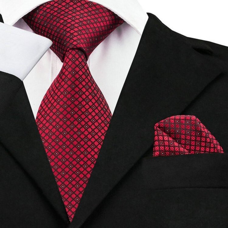 A Burgundy, Black, White Small Geometric Check Pattern Necktie, Matching Pocket Square