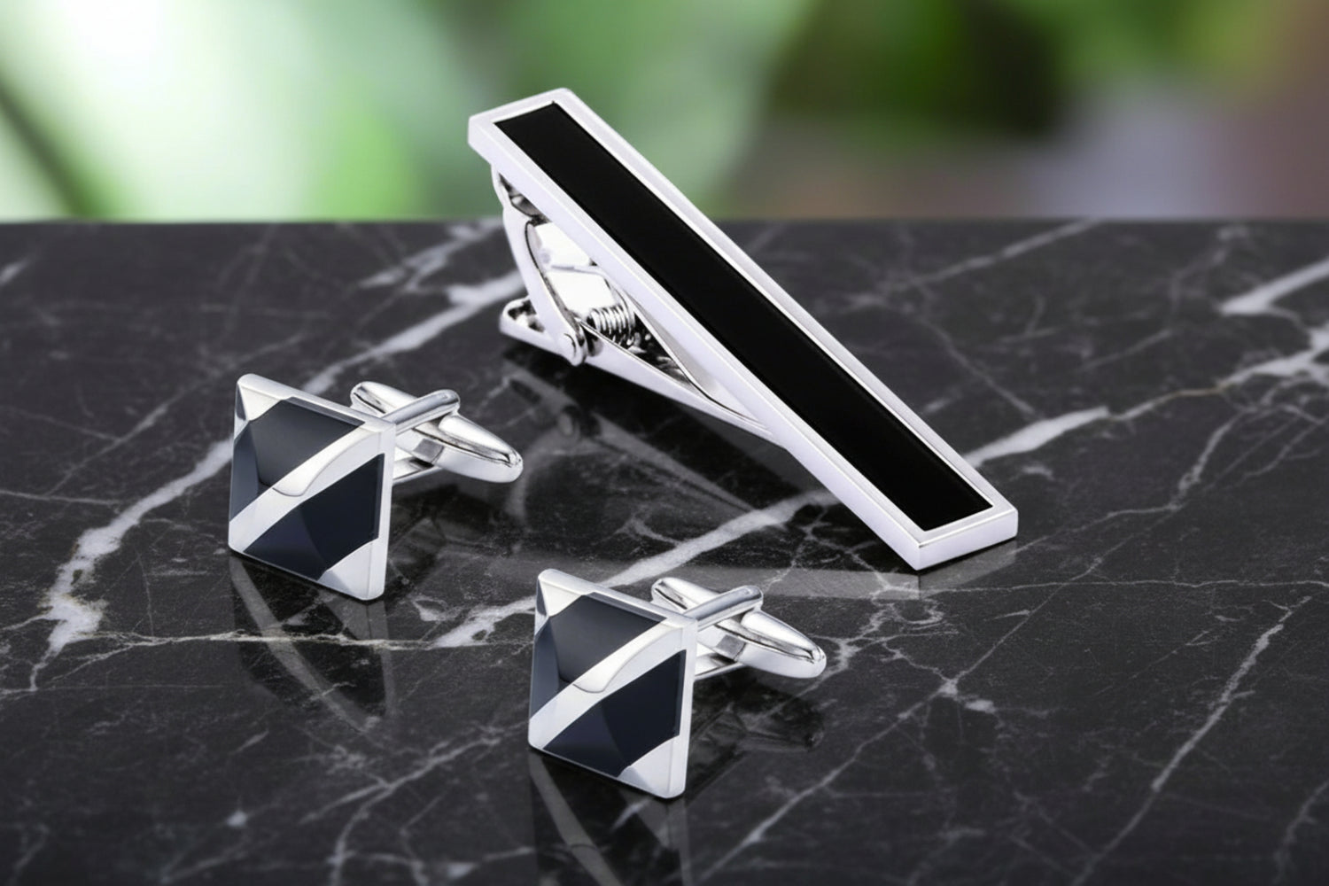 A Chrome, Black Square with Lines Design Cuff-links and Tie Bar