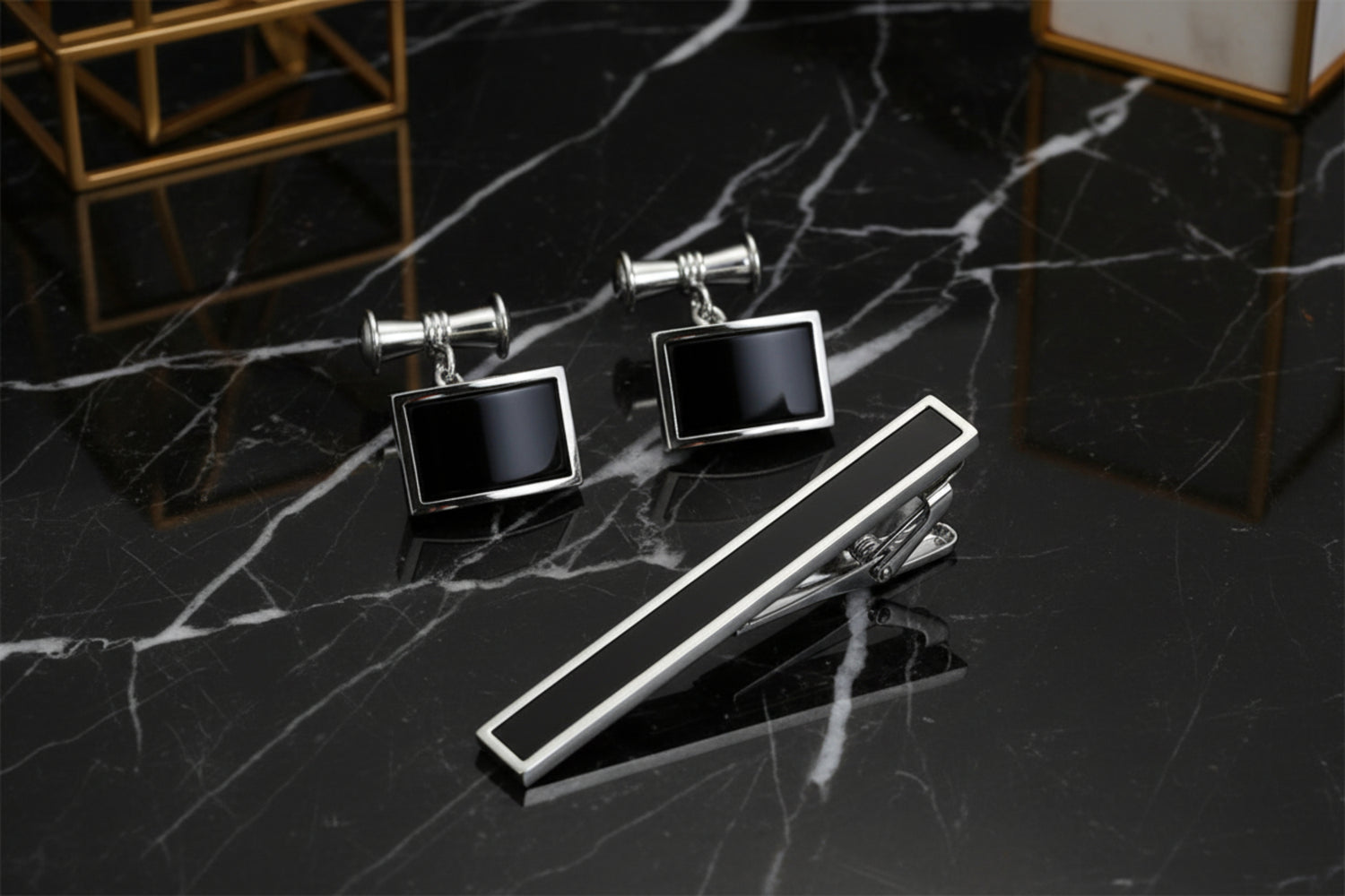 Chrome and Black Tie Bar and Cuff-links Set