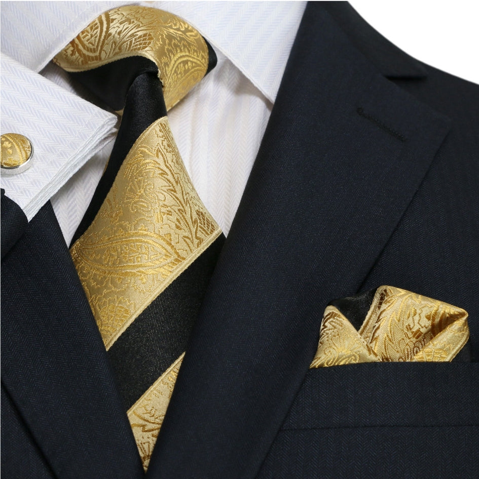 gold, black paisley tie and square