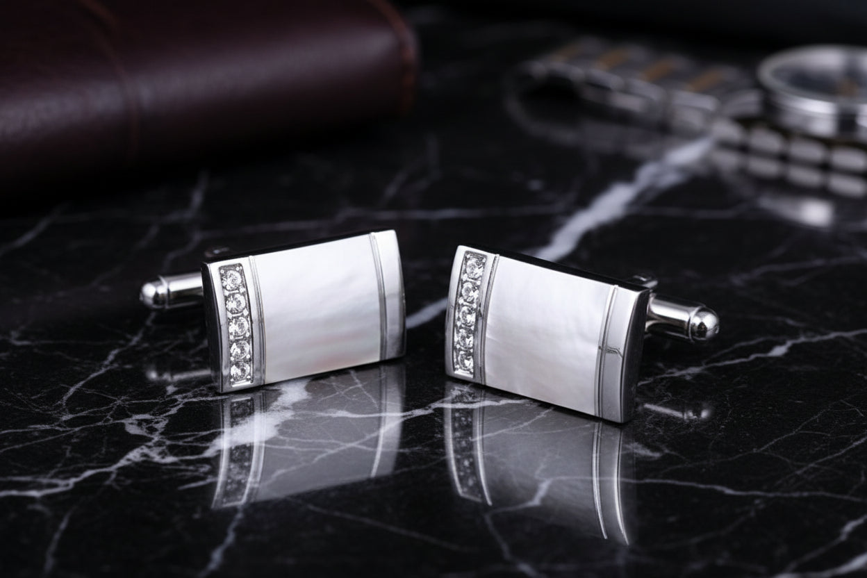 A Silver, Chrome Colored Rectangle Shape Gemstone Edge Cuff-links