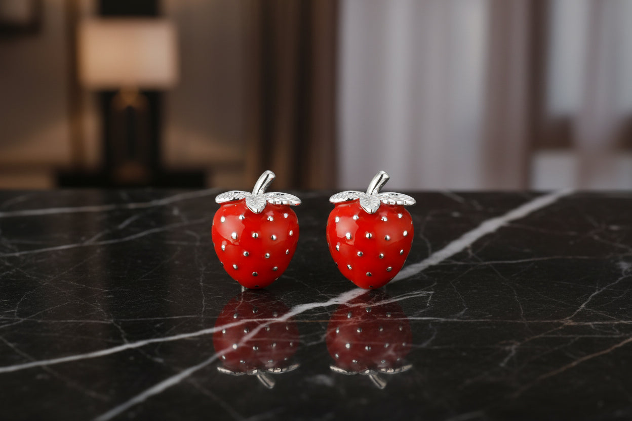 View 2: A Red, Chrome Colored Strawberry Shaped Cuff-links