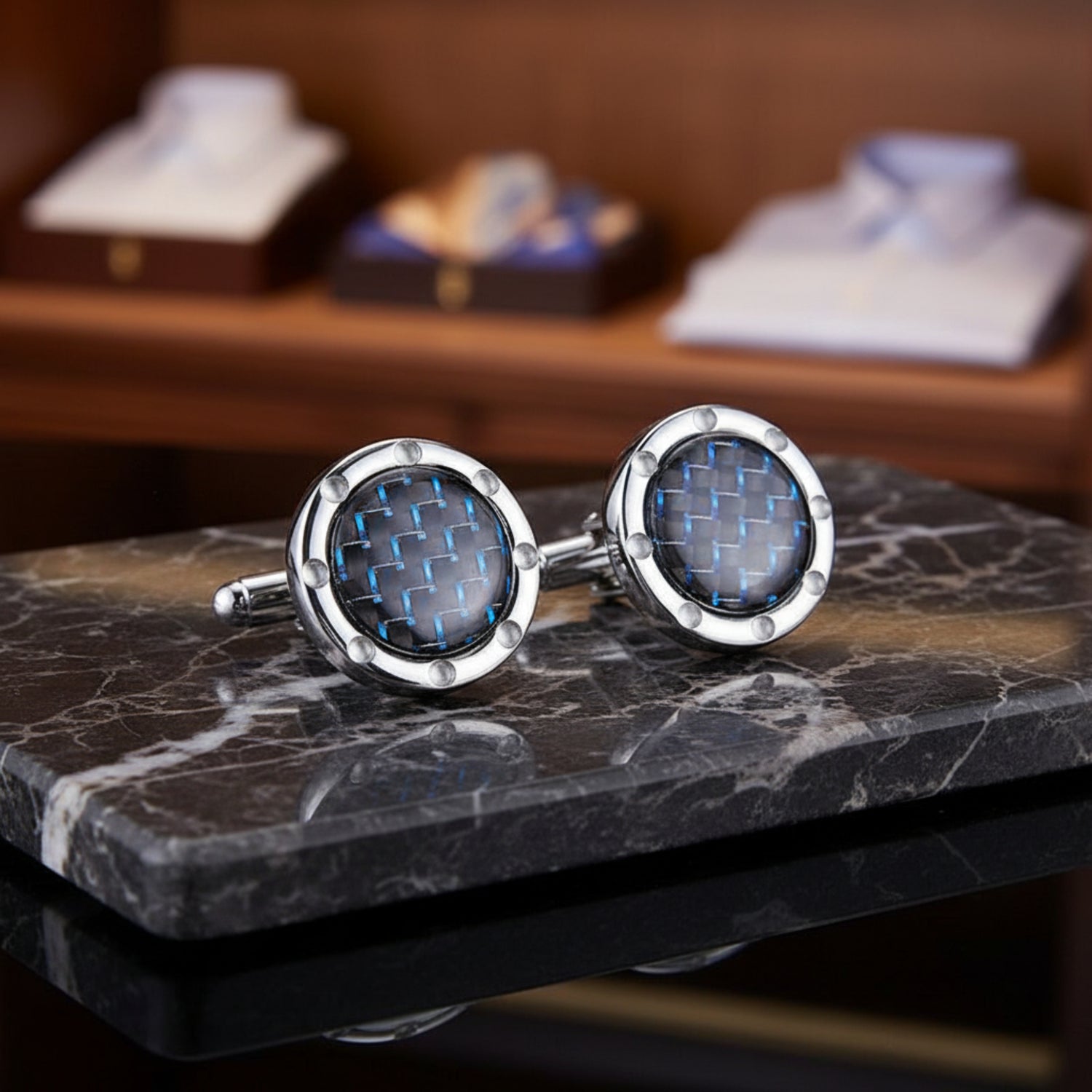 View 1 Black Blue Shimmer Grid Cuff-links (Copy)