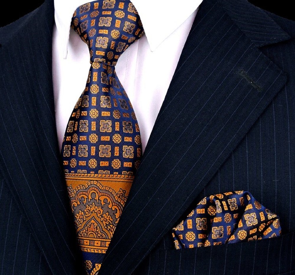 A Dark Blue, Copper Abstract Large Crest With Small Burst and Checks Pattern Necktie, Pocket Square and Cuff-links.||Deep Dark Blue, Copper