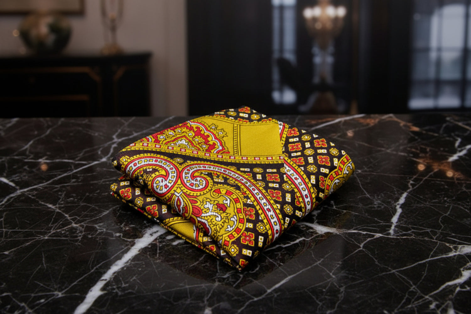A Yellow, Copper Abstract Large Crest With Small Burst and Checks Pattern Silk Pocket Square