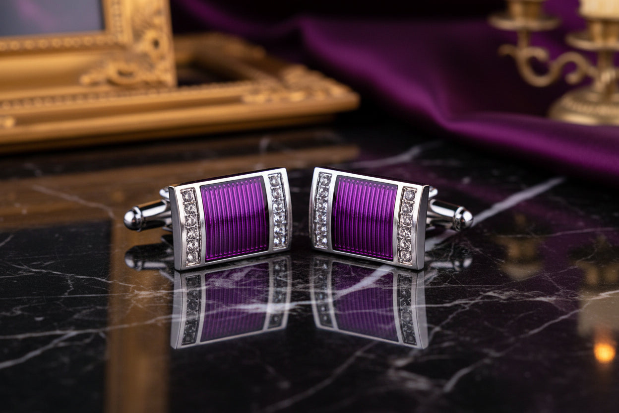 A Purple, Chrome Colored Rectangle Shape Gemstone Edge Cuff-links