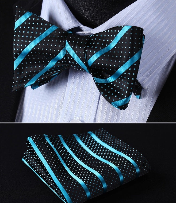 A Black, Bright Blue, White Polka and Stripe Pattern Self Tie Bow Tie, Matching Pocket Square.||Brilliant Blue, Black, White