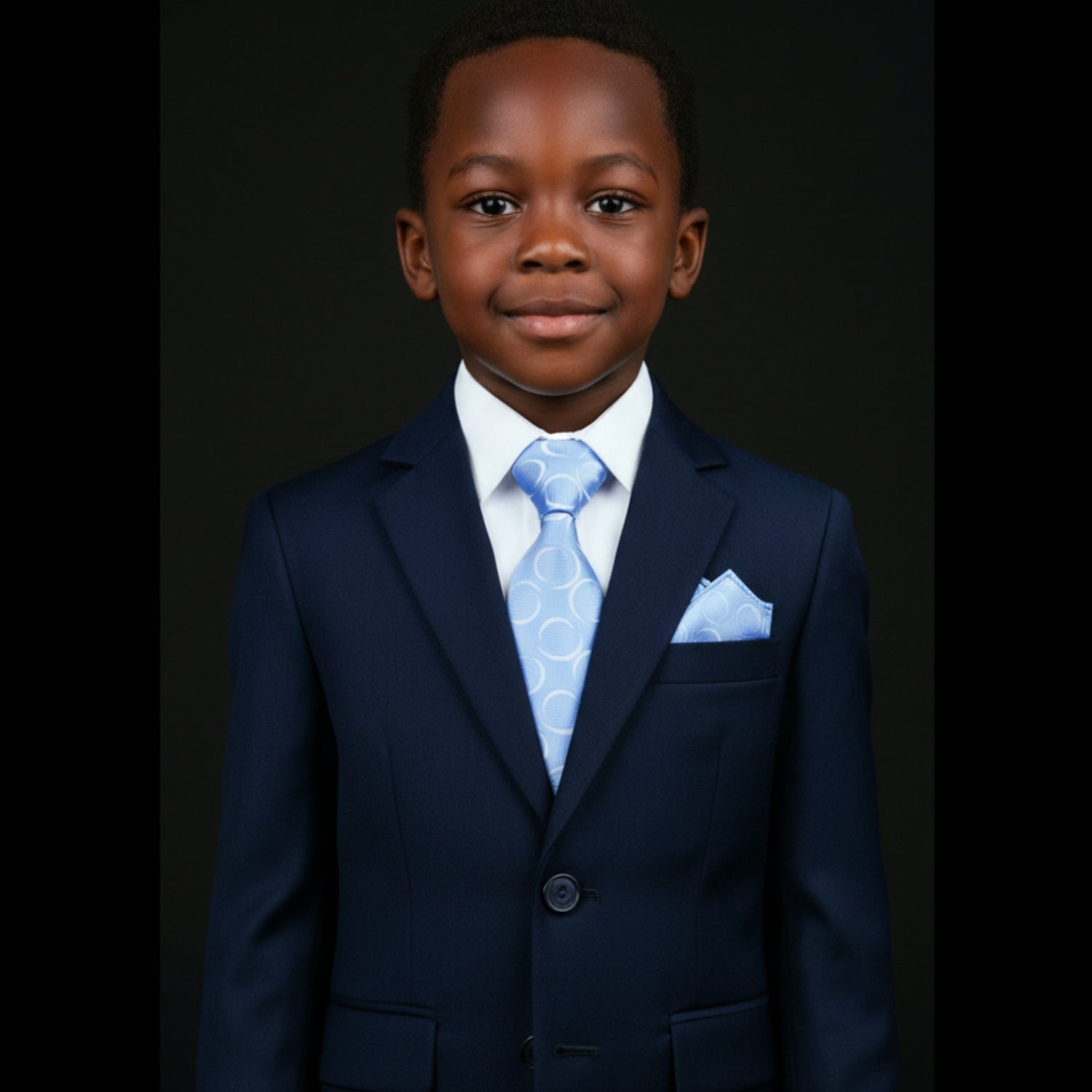 A Light Blue, White Rings Pattern Necktie, Matching Pocket Square 