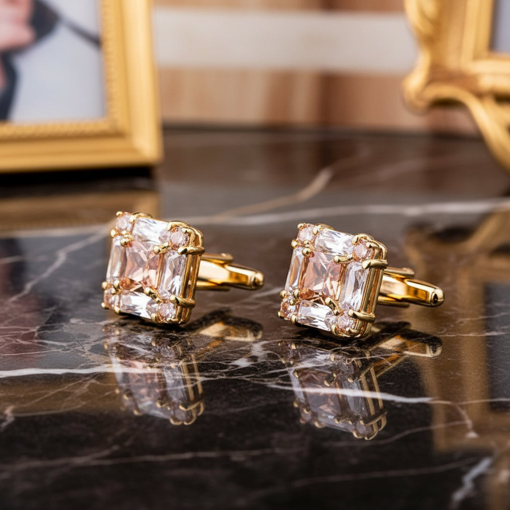 Gold Color and Clear Stone Square Cuff-links||Gold with Amber-Clear Stone