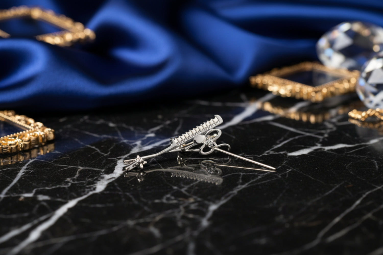 The back view of A Chrome Color Scissors and Comb with Stone Lapel Pin