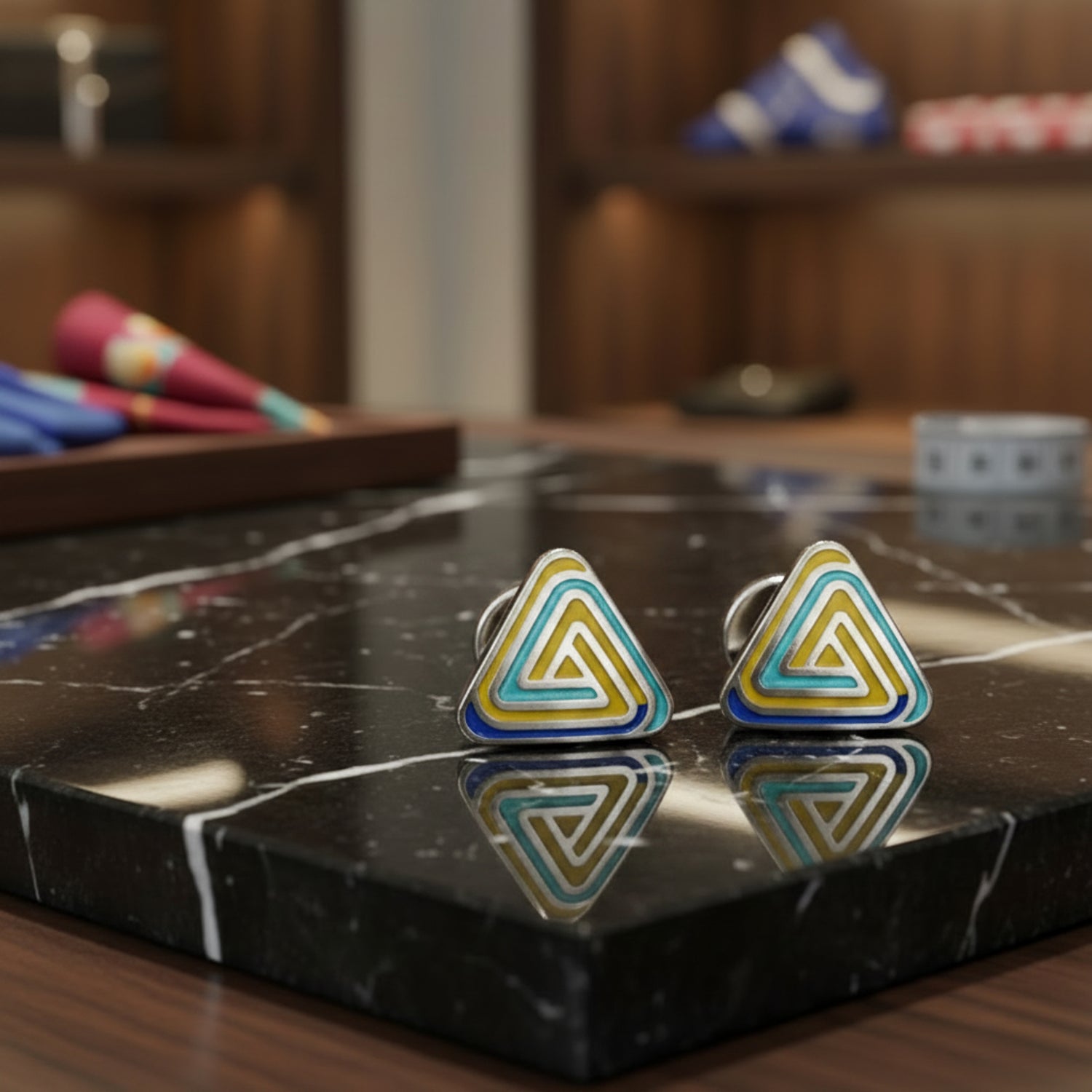View 3 Blue yellow triangle cuff-links