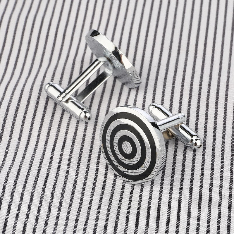 View 4: A Chrome and Black Colored Circular Shape with Bullseye Pattern Cuff-links.