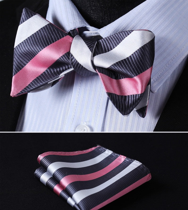 A Pink, Grey, White Stripe Pattern Self Tie Bow Tie, Matching Pocket Square.||Grey, Pink, White