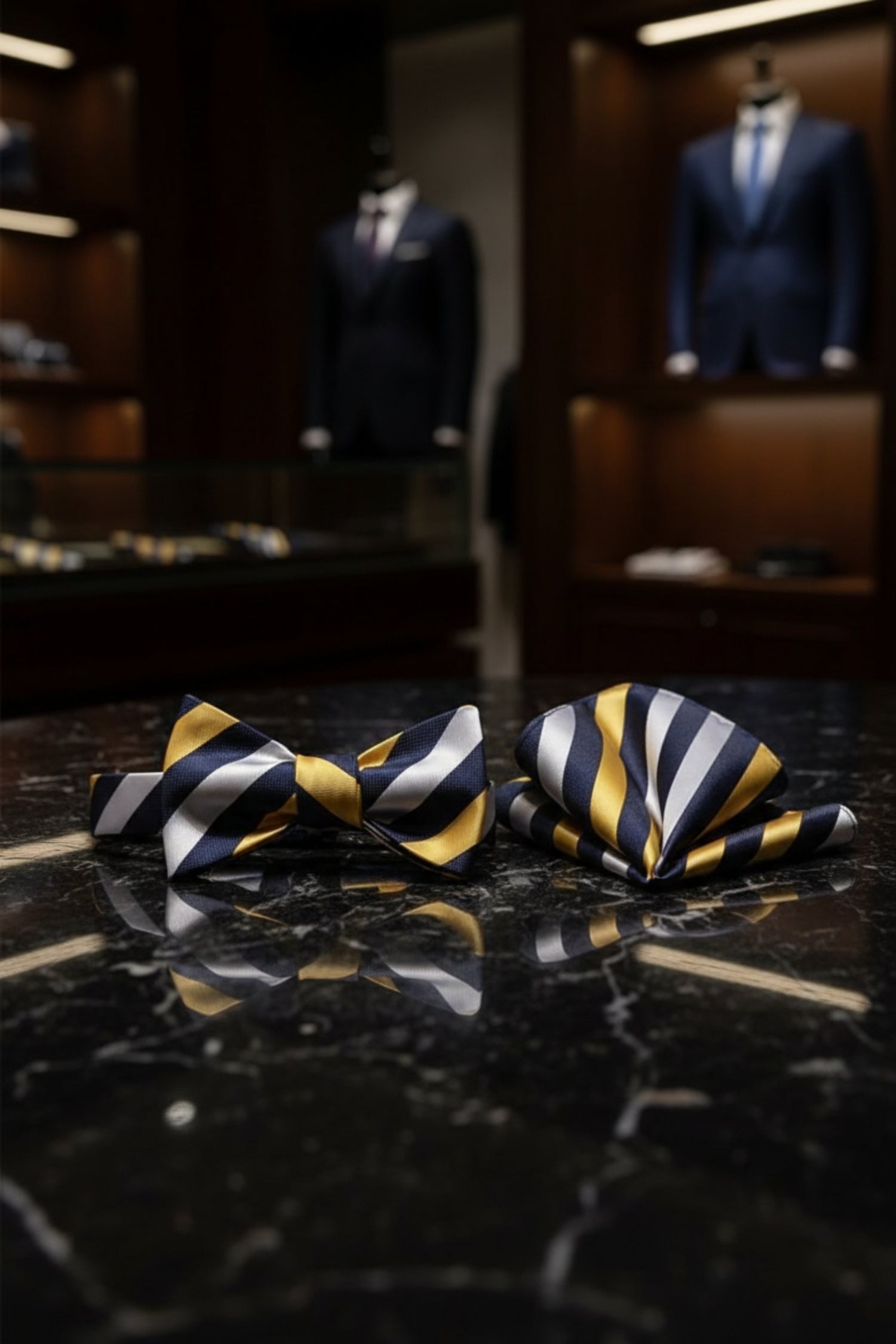 A Yellow, White, Blue Color With Stripe Pattern Kids Pre-Tied Bow Tie, Matching Pocket Square 