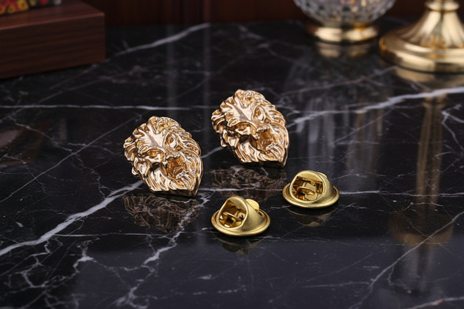 Two Small Gold Colored Lion Head Shaped Lapel Pins