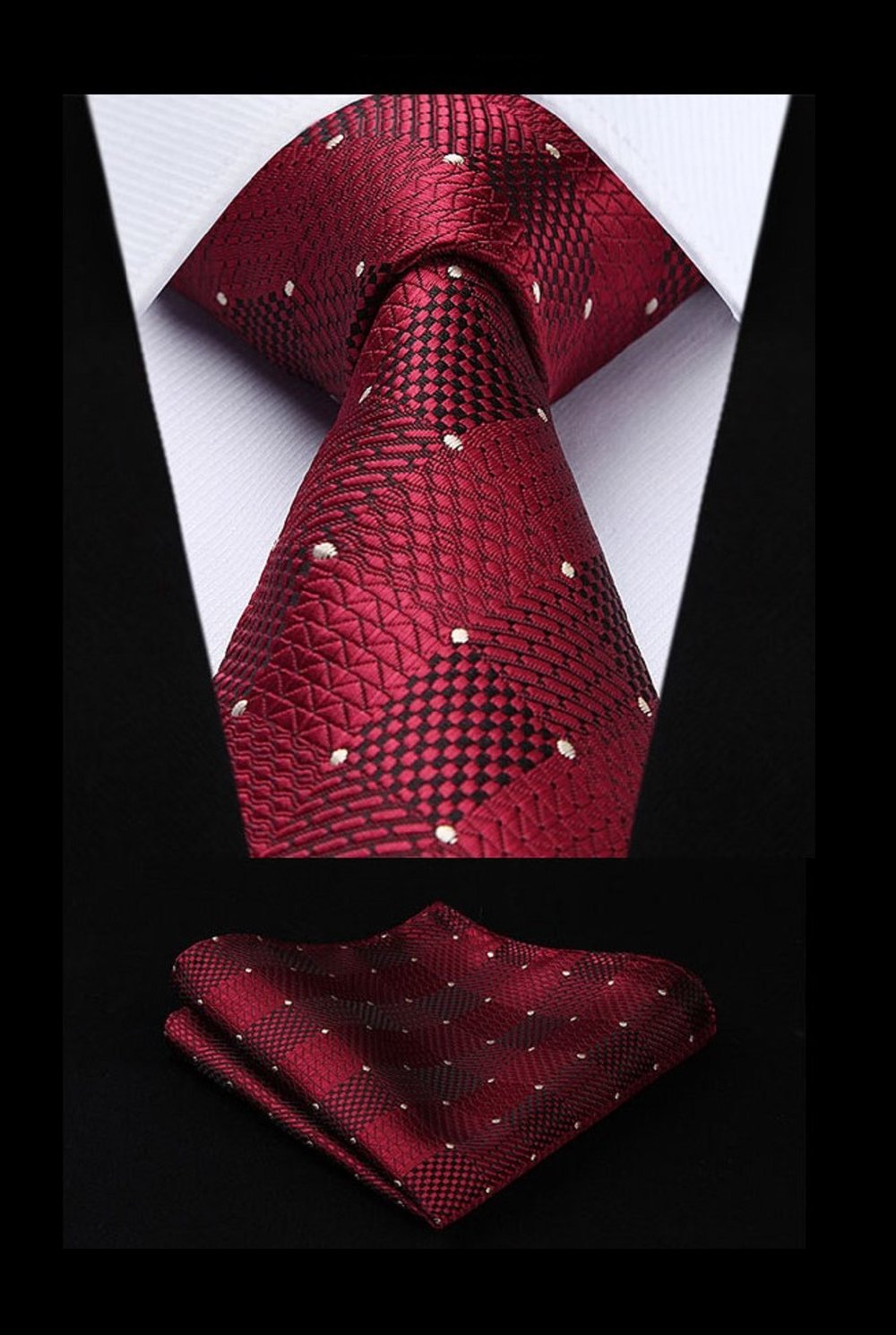 A Burgundy Geometric Pattern With Small White Dots Necktie With Matching Pocket Square 