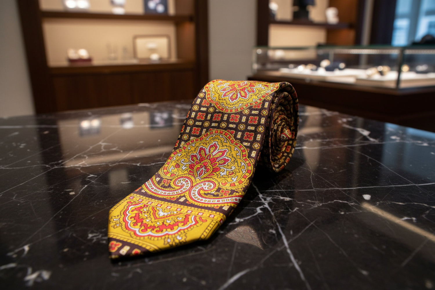 A Yellow, Copper Abstract Large Crest With Small Burst and Checks Pattern Necktie