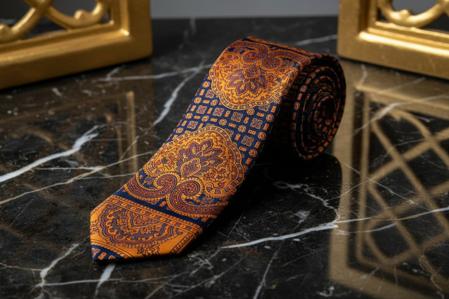 A Dark Blue, Copper Abstract Large Crest With Small Burst and Checks Pattern Necktie