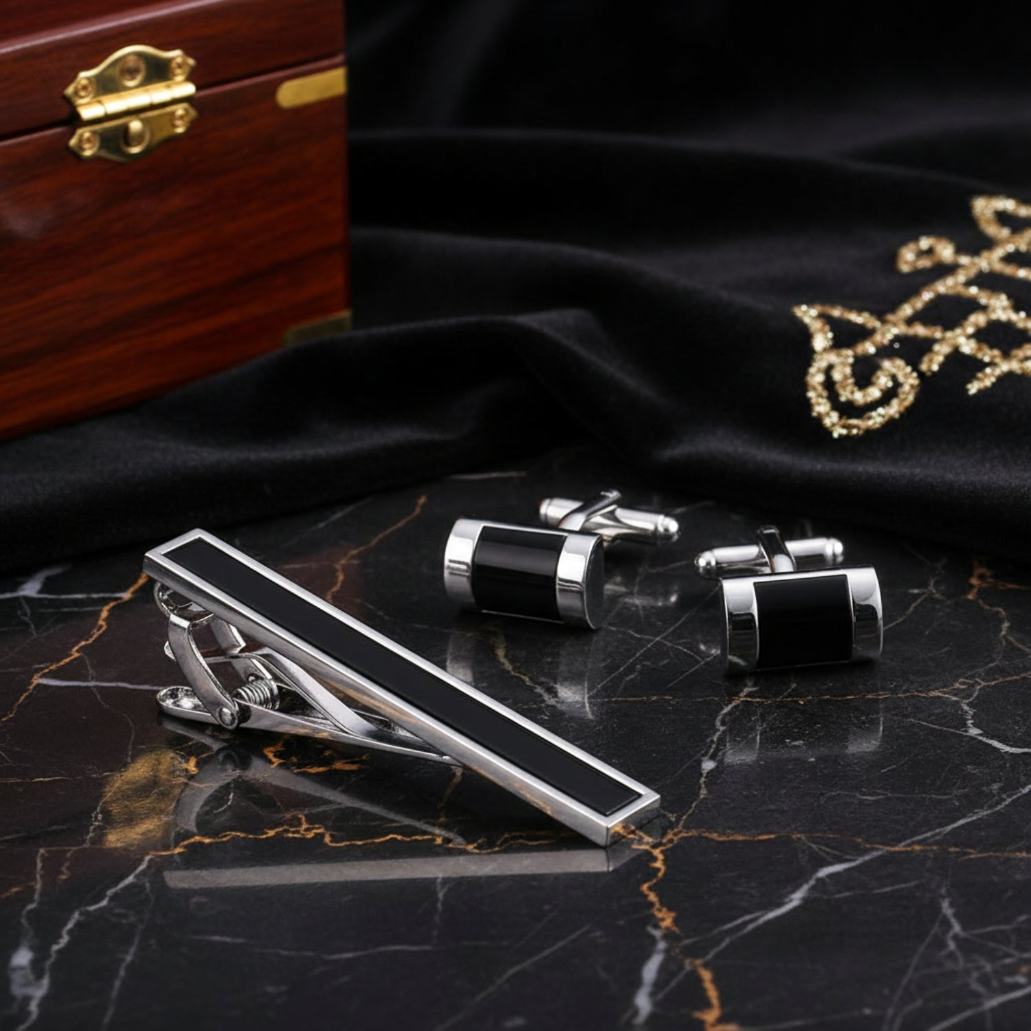 A Chrome, Black Silver Rectangle Shape Tie Bar and Cuff-links Set||Silver, Black