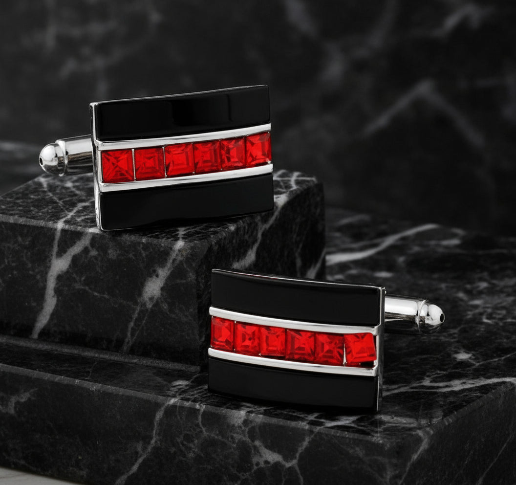 Main View: A Black with Red Gemstones Cuff-links