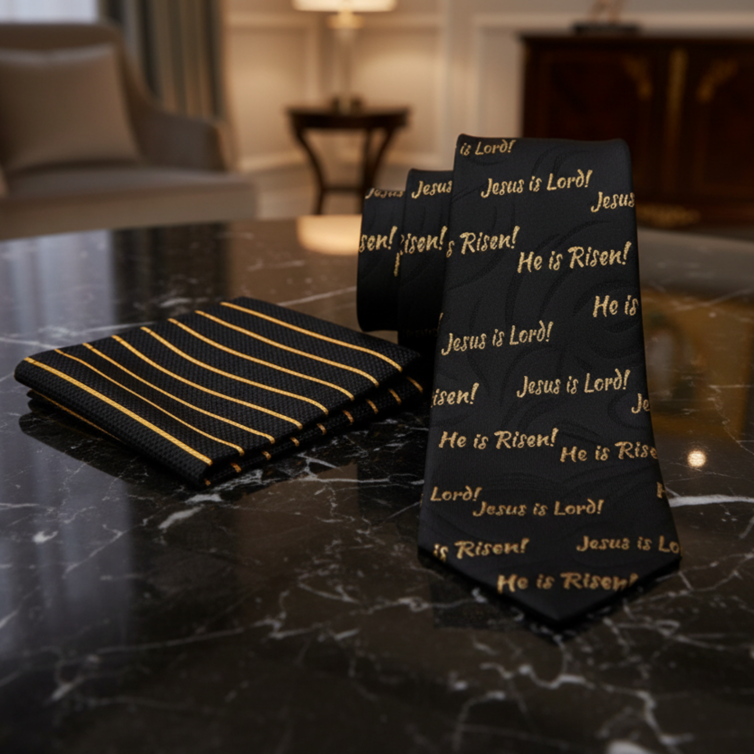 Alt View Black ad Gold Jesus Necktie and Black and Gold Stripe Square