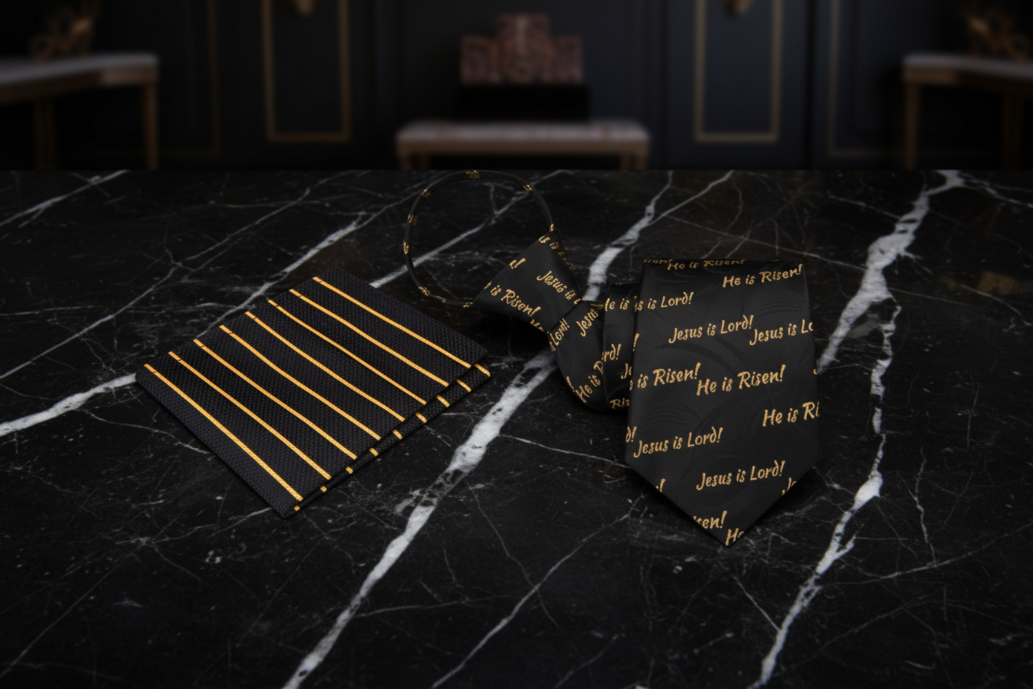Zipper: Black ad Gold Jesus Necktie and Black and Gold Stripe Square