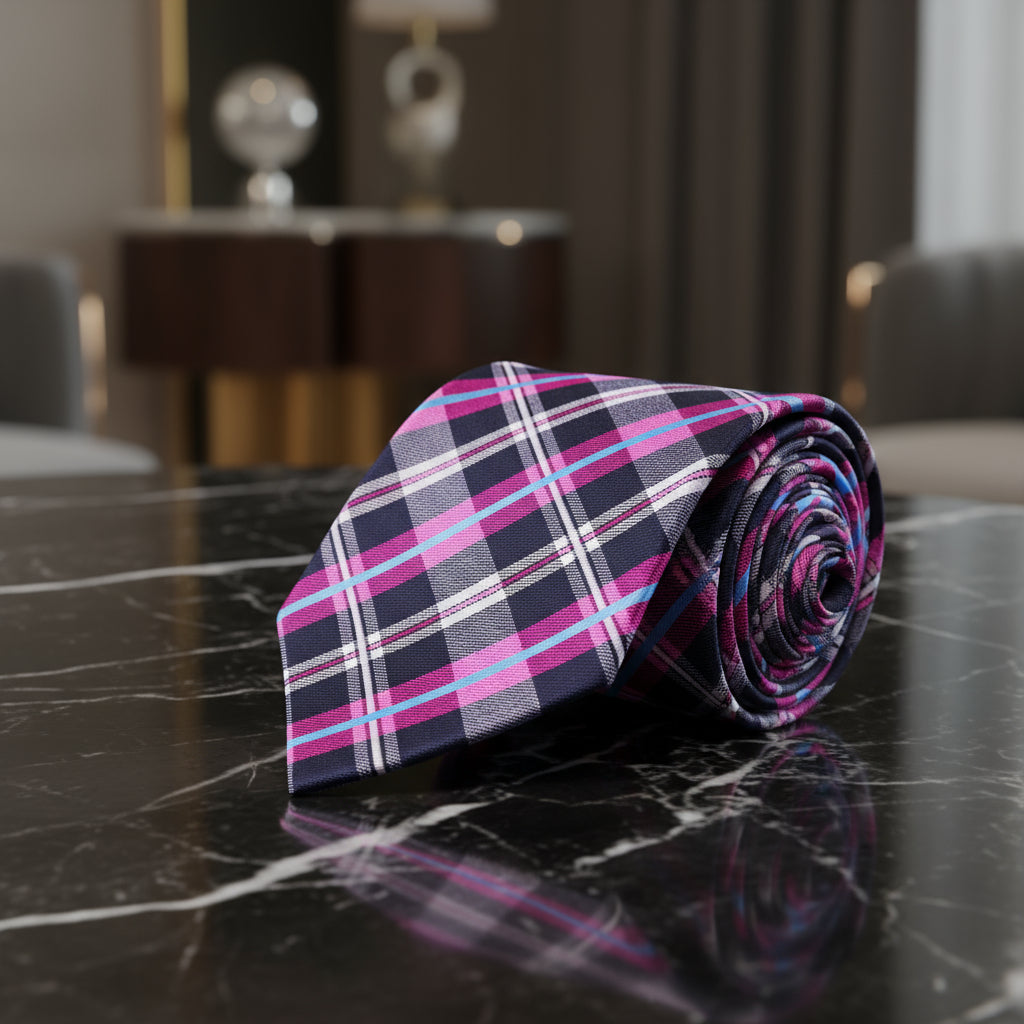 Dark Blue, Pinkish Purple, Light Blue Plaid Tie  