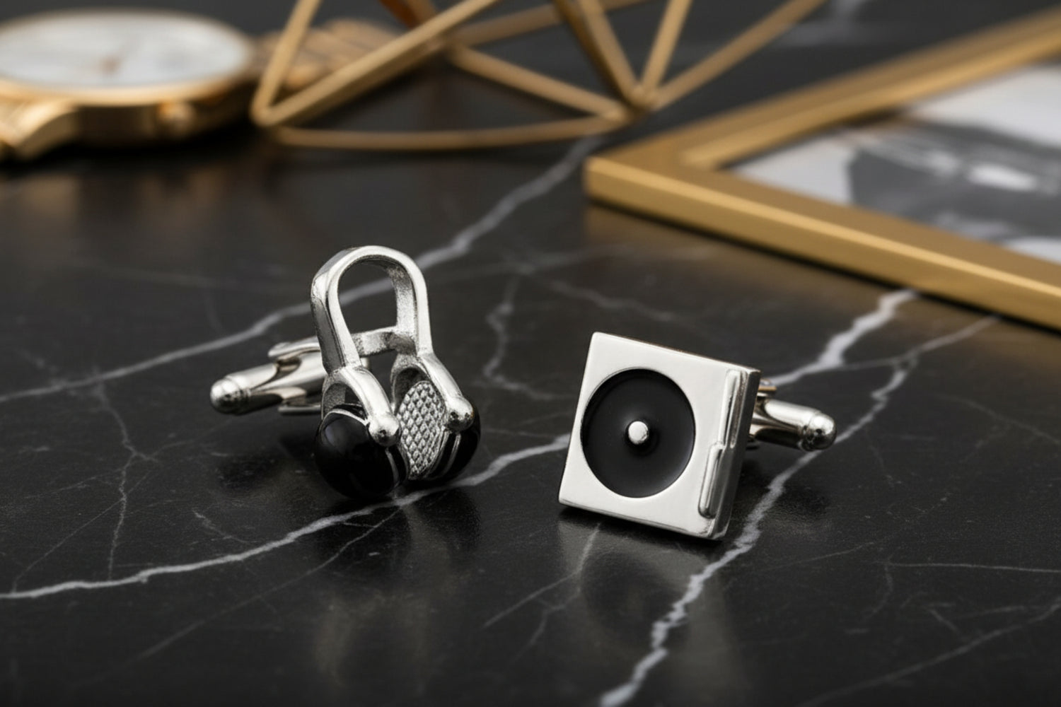 A Silver, Black Color Headphones and Turntable Cuff-links Set.