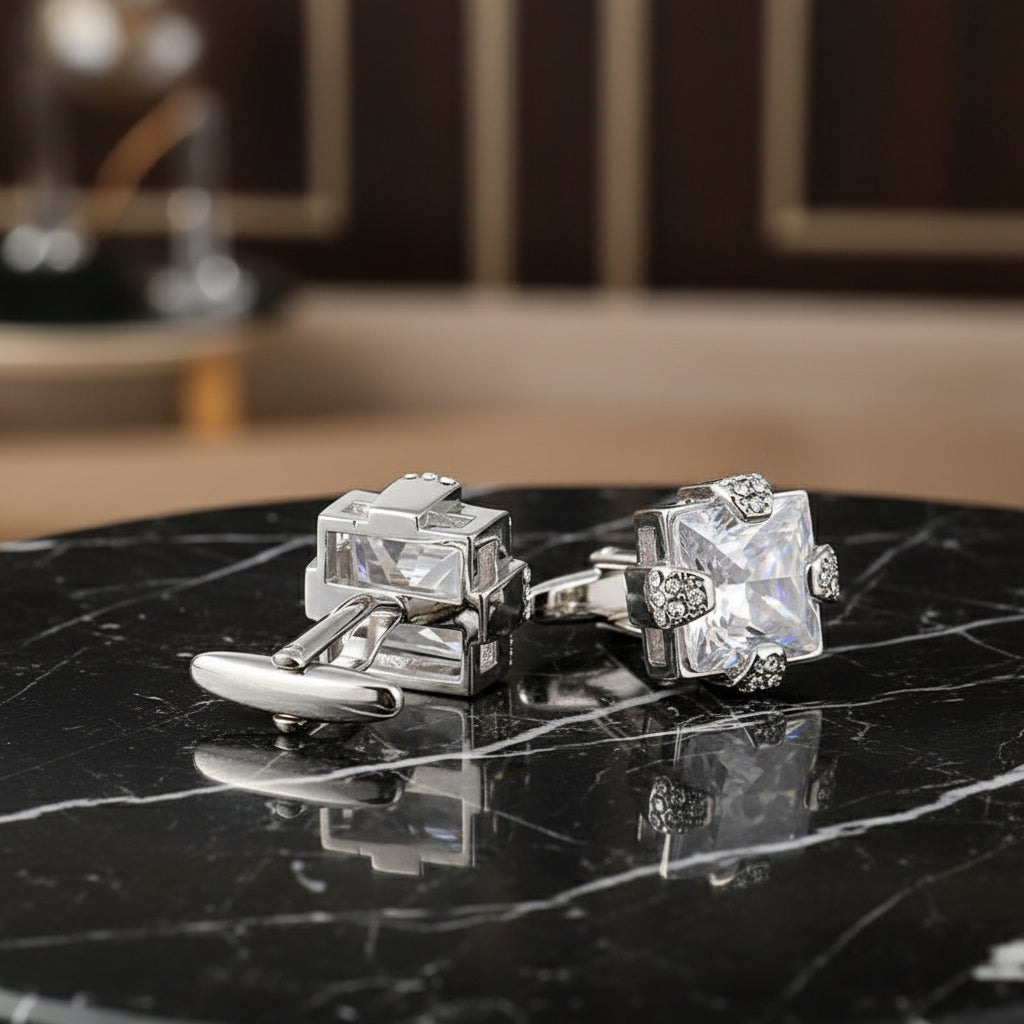 Main View: Silver Color and Clear Stone Square Cuff-links