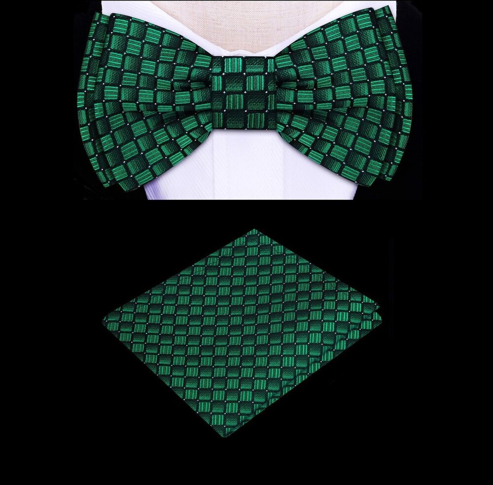 A Green, Black Color With Geometric Honeycomb Pattern Kids Pre-Tied Bow Tie, Matching Pocket Square