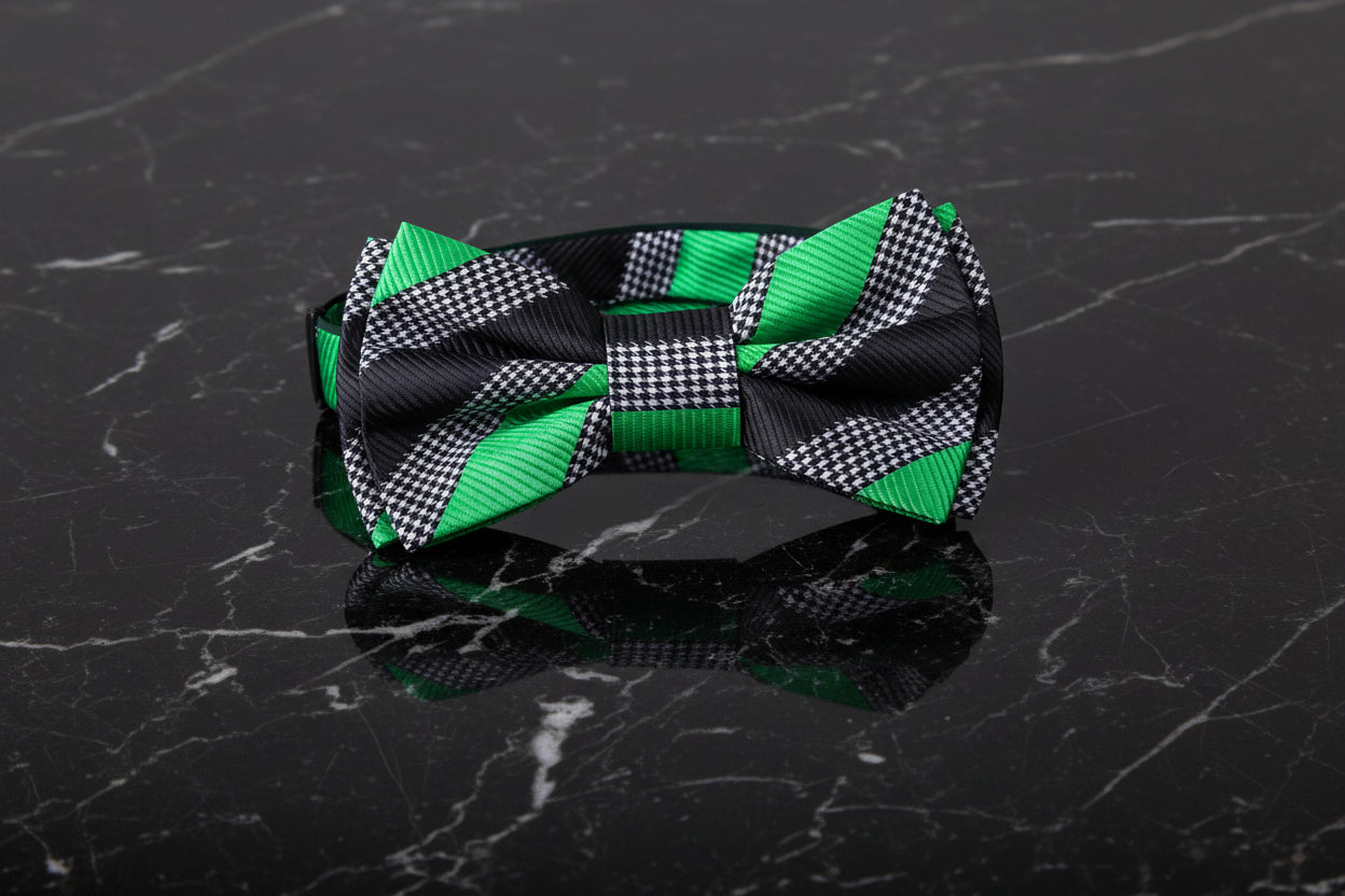 Black, Green Stripe Bow Tie Pre Tied