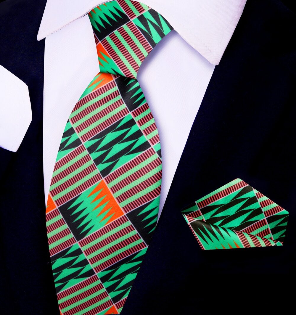 green, orange black Abstract tie and square