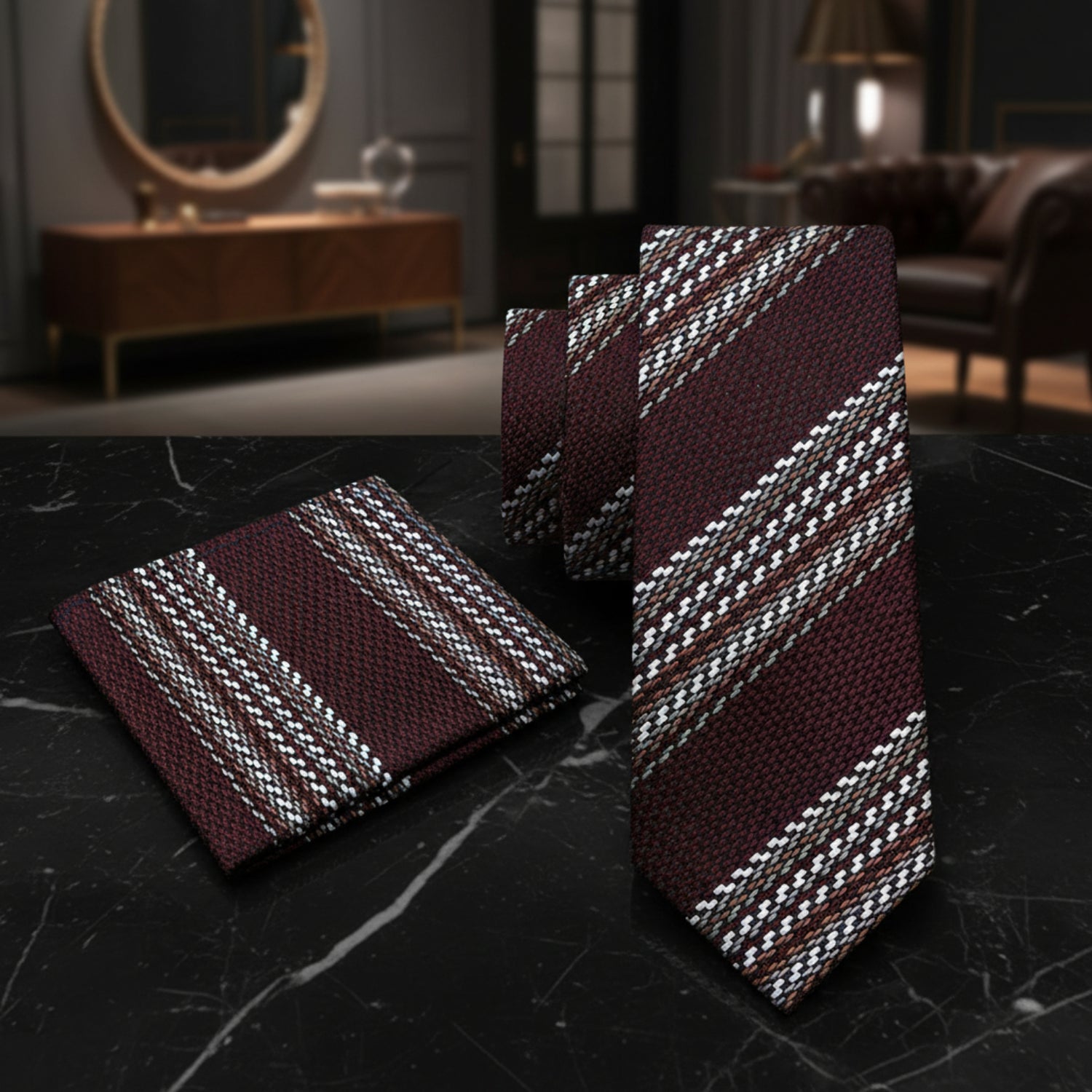 Alt View: Brown, Olive Geometric Tie and Pocket Square
