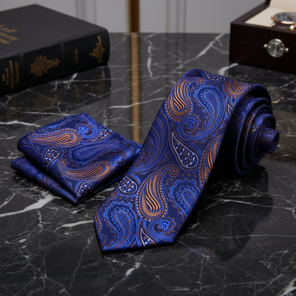 Alt View: Blue, Golden Brown, Black Paisley Tie and Square