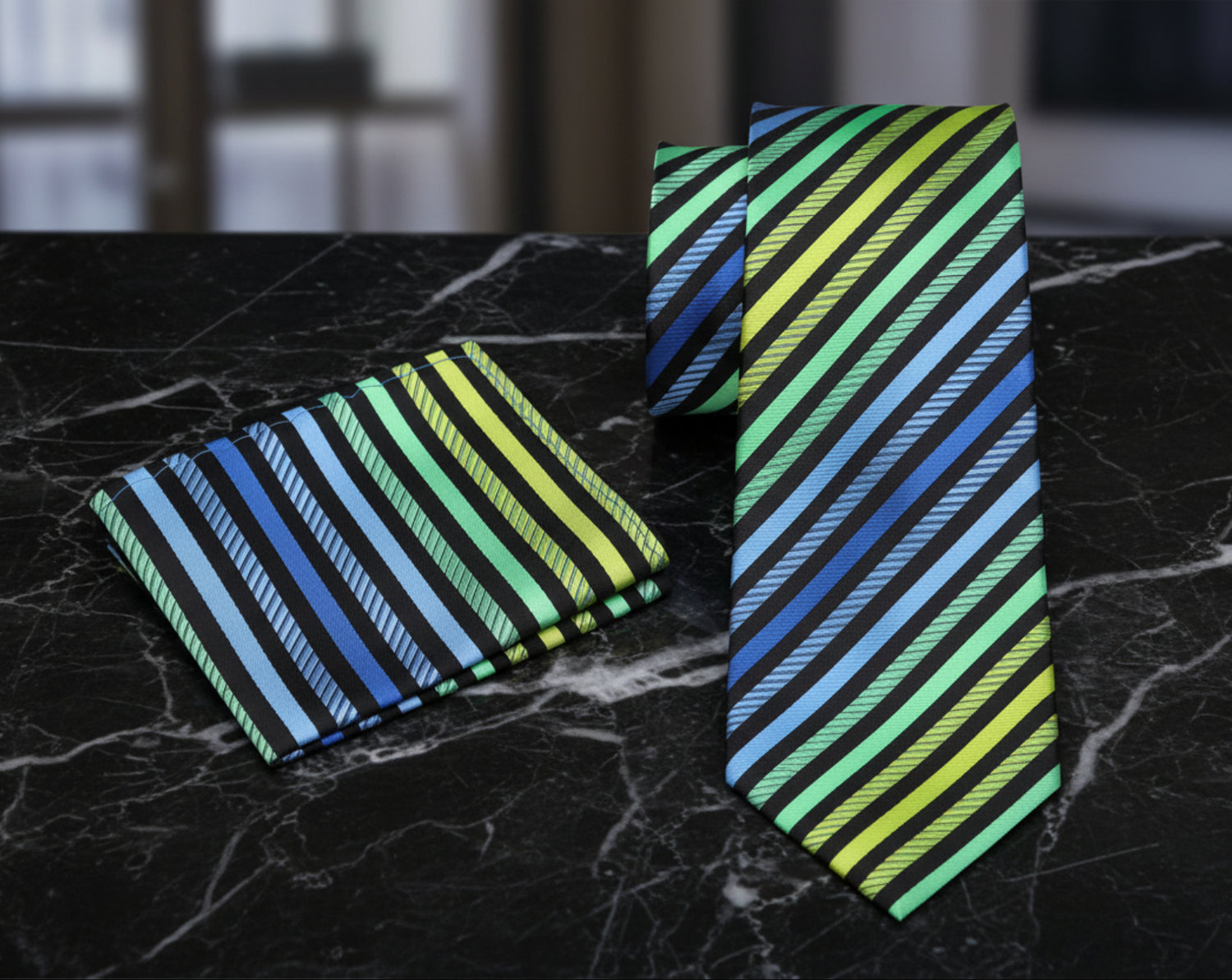 Alt View: Black, Green, Blue Stripe Tie and Square