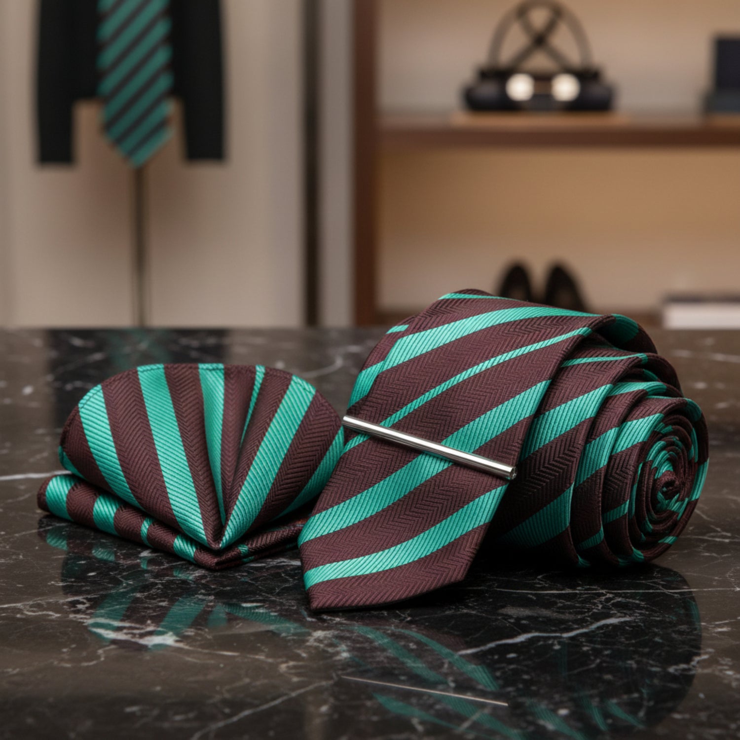 Alt View: Brown, Mint Green Stripe Tie and Pocket Square