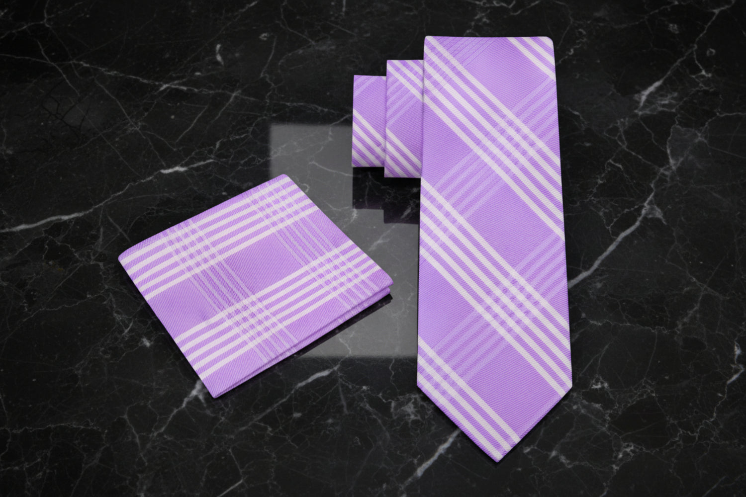 Alt View: Light Purple, Ghost White Plaid Tie and Pocket Square