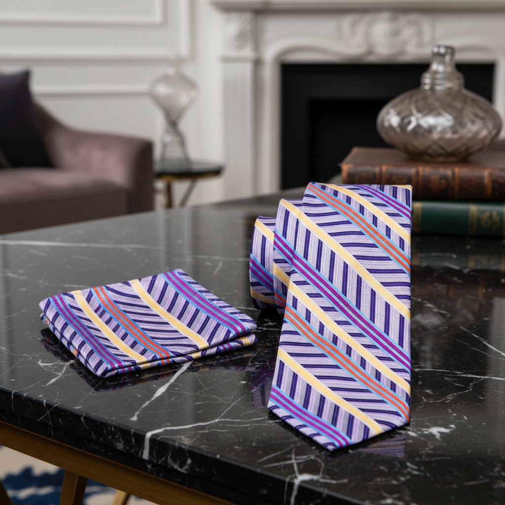 Alternate view: Light Purple, Purple, Yellow Stripe Tie and Pocket Square