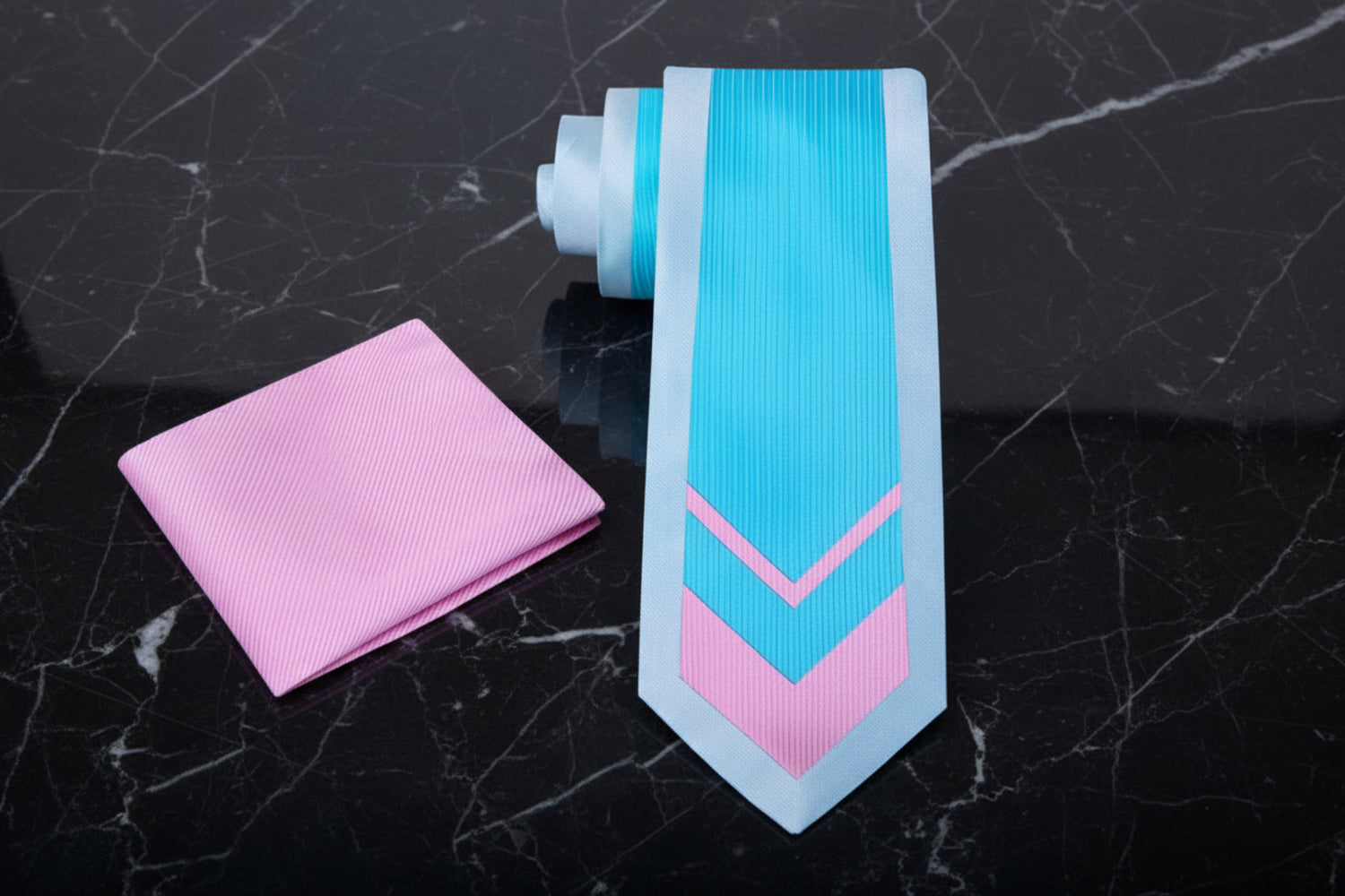 Alt View: A Light Blue, Light Pink Geometric Abstract Pattern Necktie With Solid Pink Pocket Square
