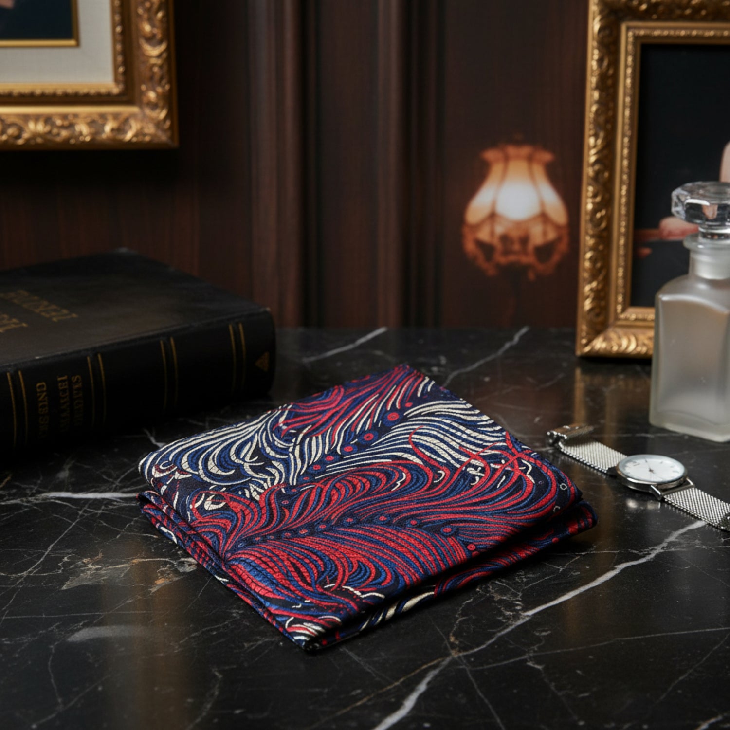 A Red, Blue, Cream Abstract Feather Pattern Pocket Square