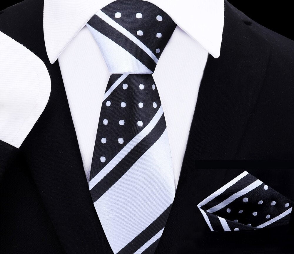 A Black, White Polka Dot with Hounds-tooth Pattern Necktie, Matching Pocket Square