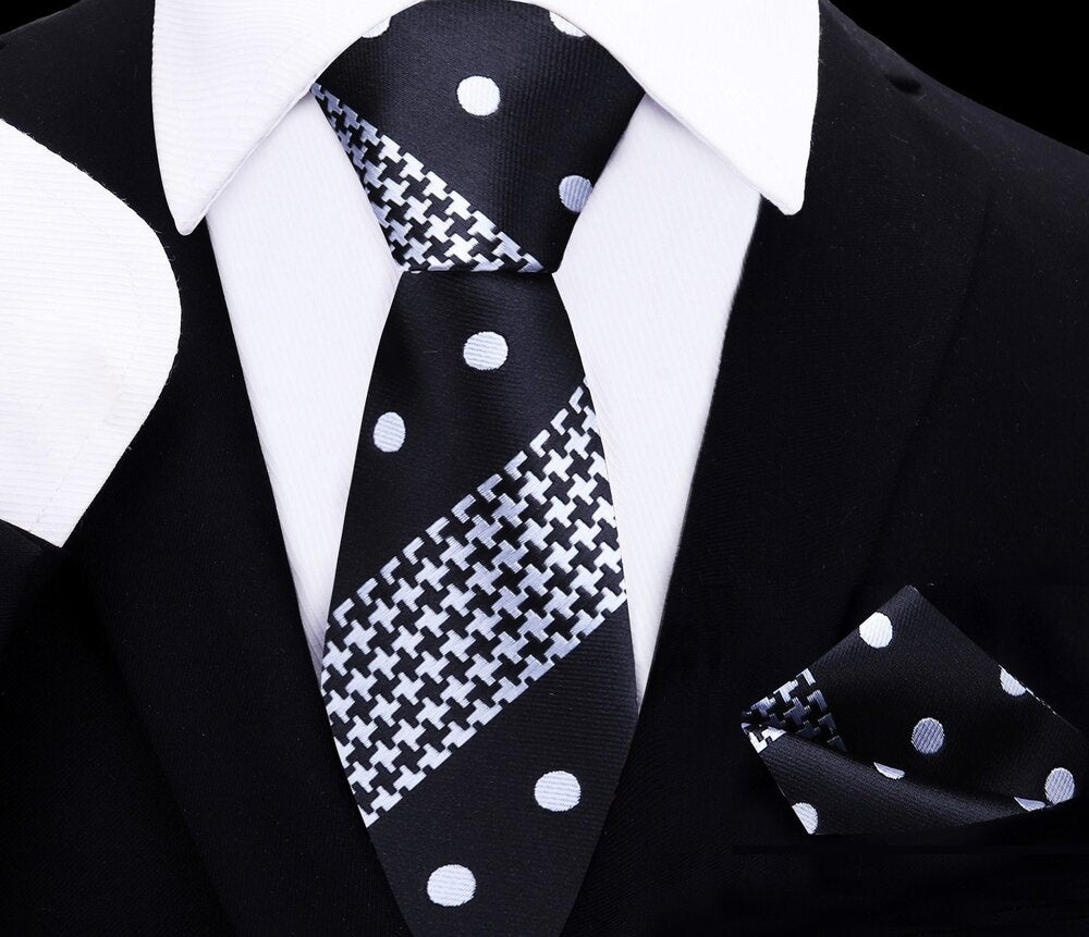 Black, White Polka and Hounds-tooth Tie and Pocket Square