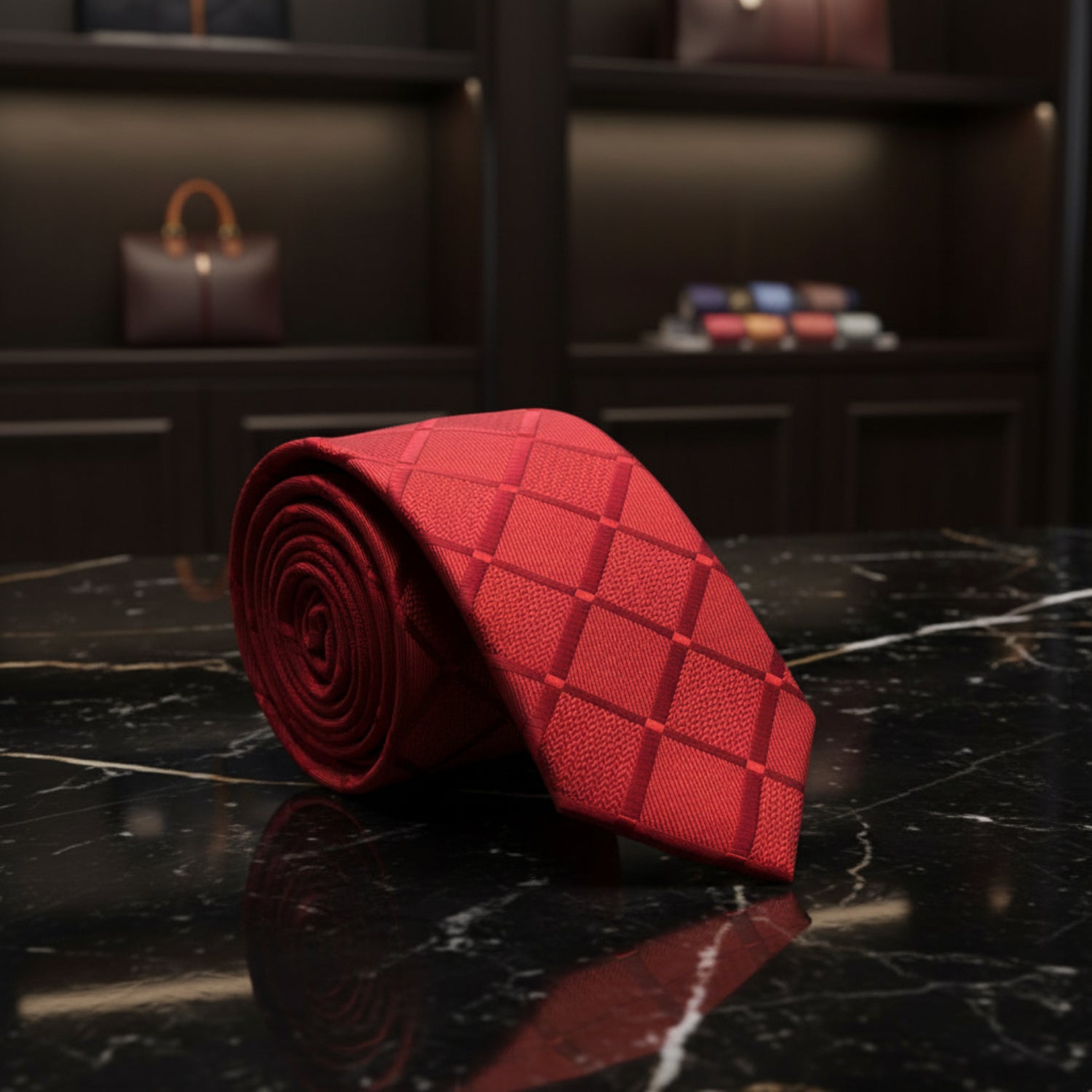 View 3: A Bright Red With Geometric Texture Pattern Necktie.