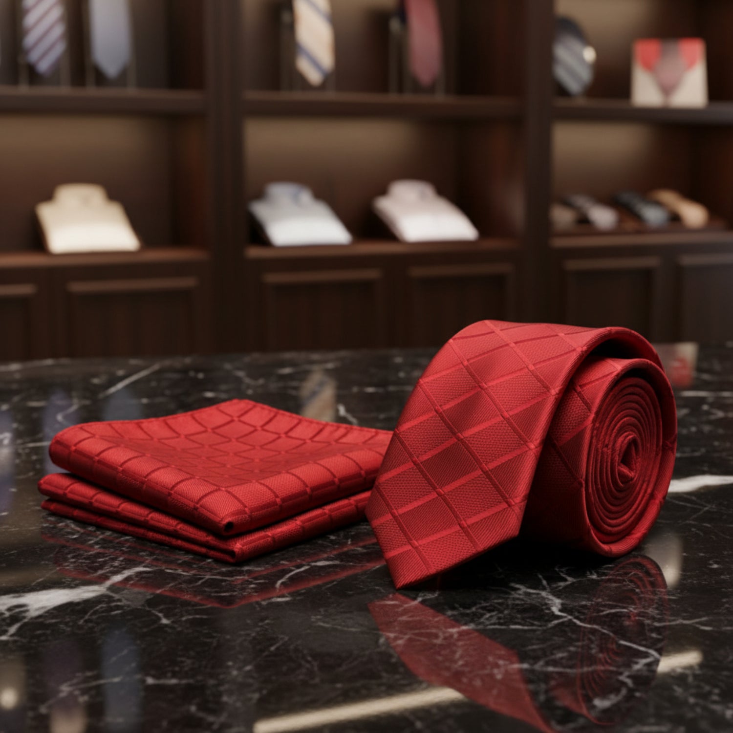 View 2: A Bright Red With Geometric Texture Pattern Necktie, Matching Pocket Square 