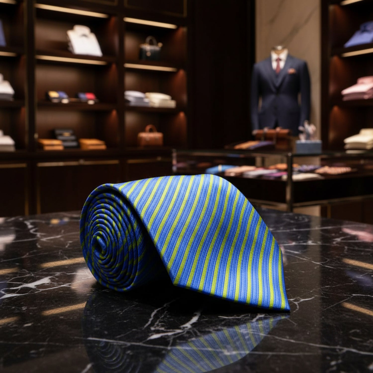 A Blue, Green Stripe Pattern Necktie