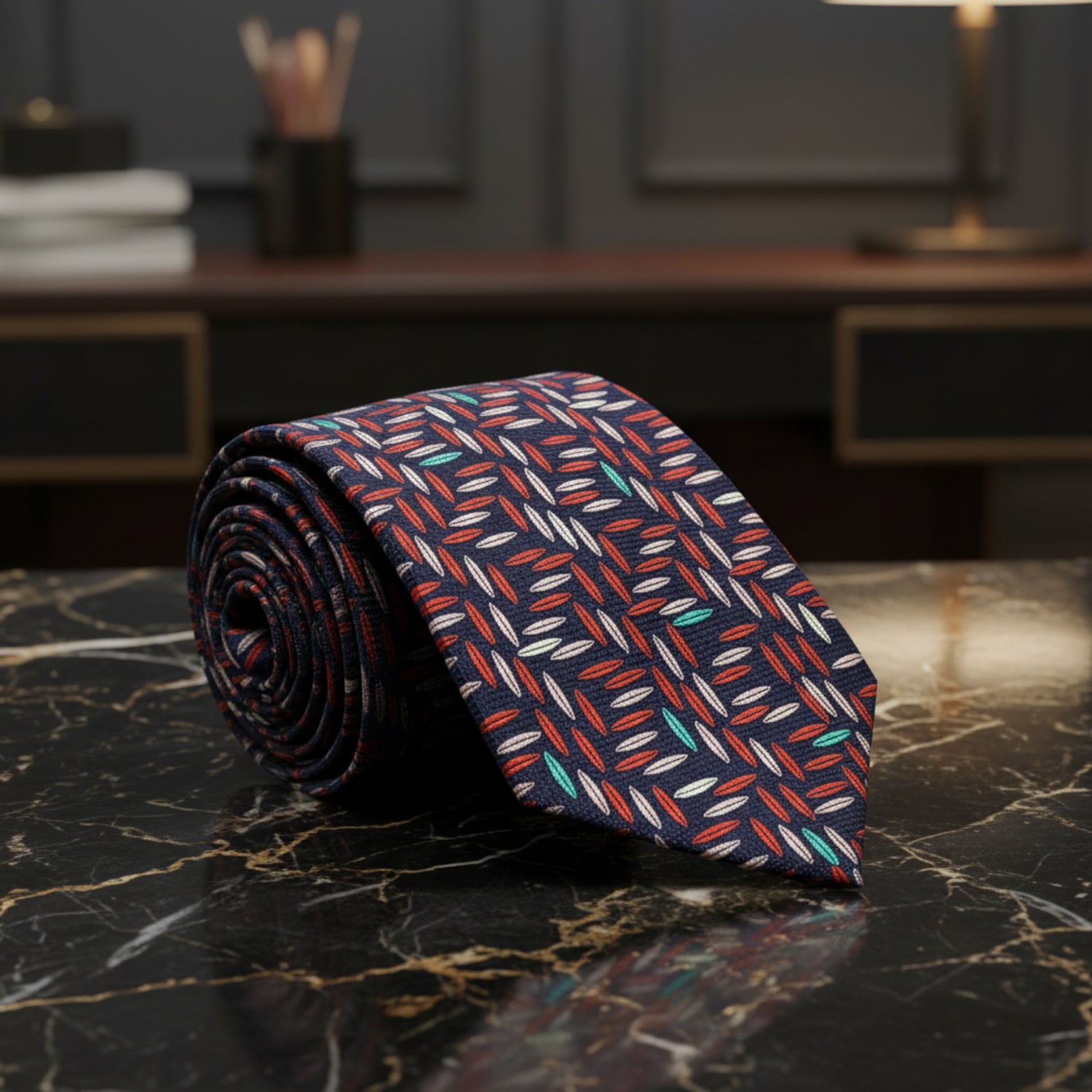 Blackened Blue, Wheat, Red Geometric Tie  