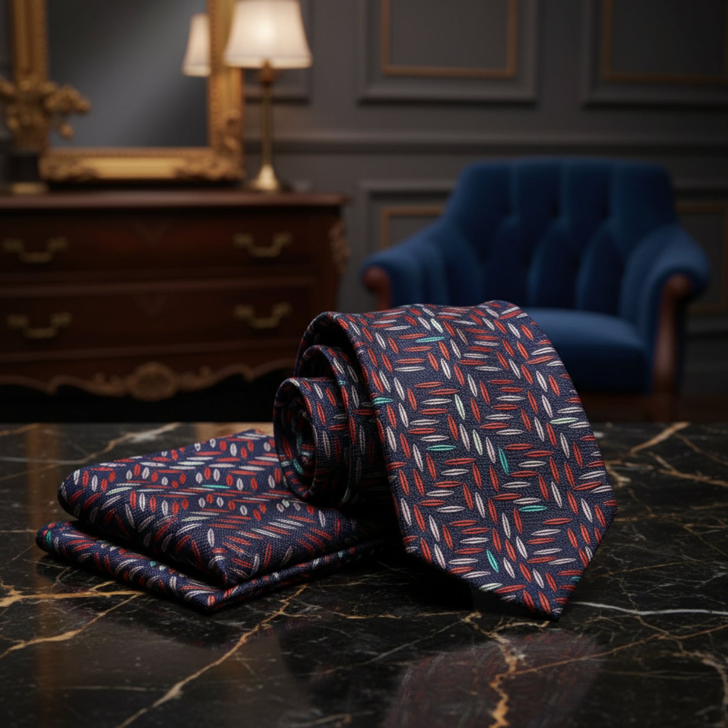 Alternative View: Blackened Blue, Wheat, Red Geometric Tie and Pocket Square